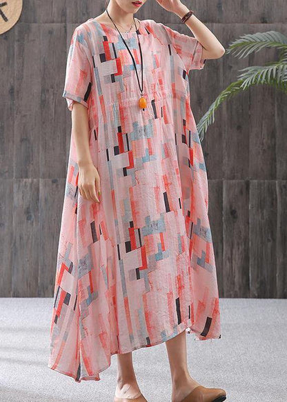 Linen Clothes Fine Print Short Sleeve A-line Round Neck Dress