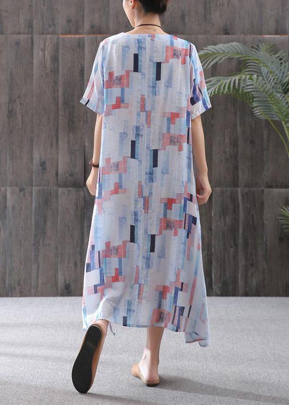 Linen Clothes Fine Print Short Sleeve A-line Round Neck Dress