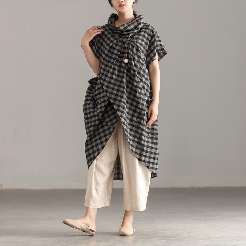 Linen Cotton Tops Mock Neck Short Sleeve Lattice Irregular Tops