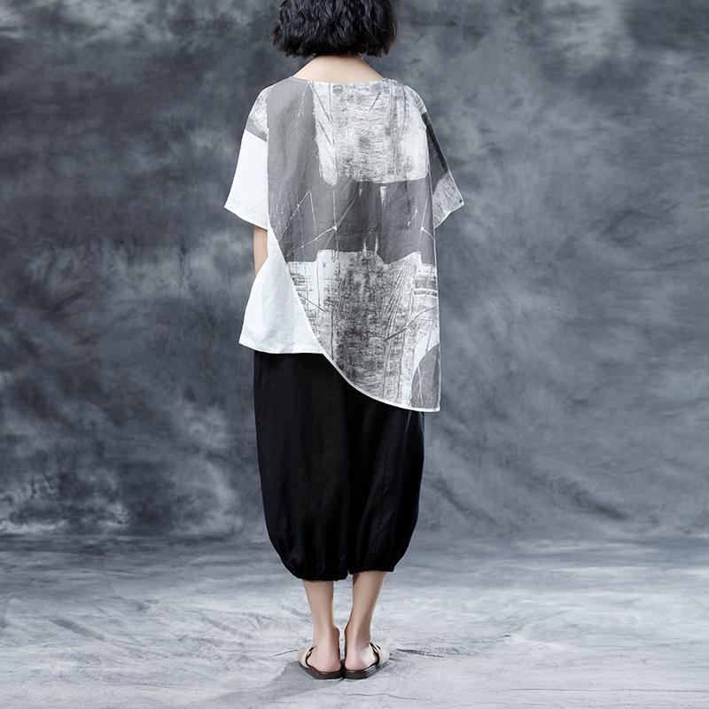 Linen Summer Top Short Sleeve Abstract Pattern White Summer Blouses Shirts