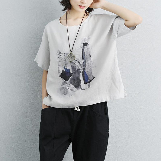 Linen Tops Printed Round Neck Short Sleeve Gray T-shirt