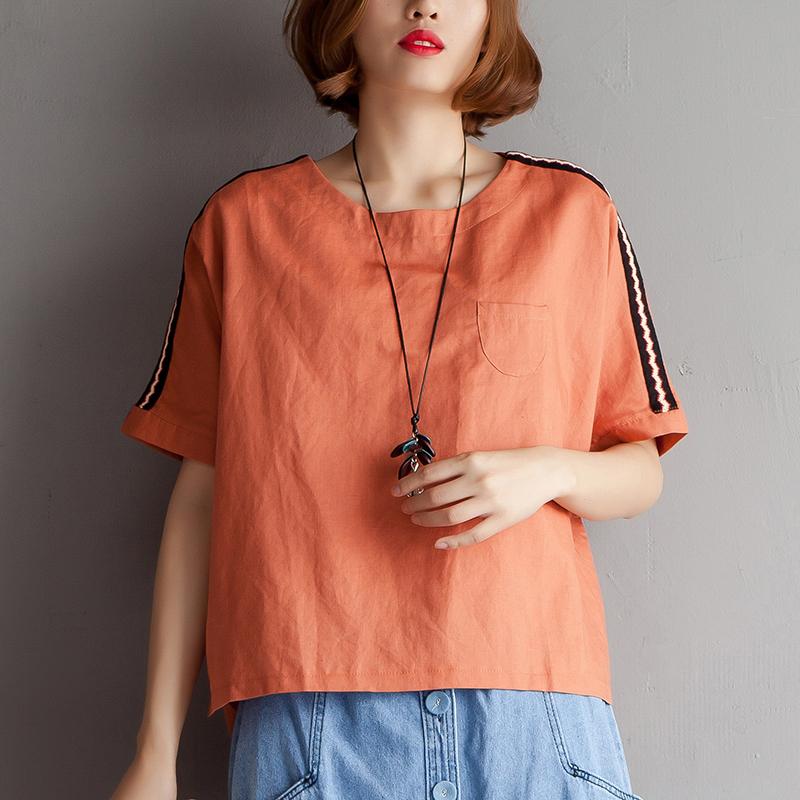 Natural Cotton Linen T Shirt High-low Hem Summer Short Sleeve Orange Blouse