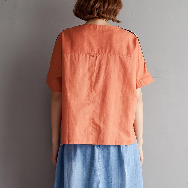 Natural Cotton Linen T Shirt High-low Hem Summer Short Sleeve Orange Blouse