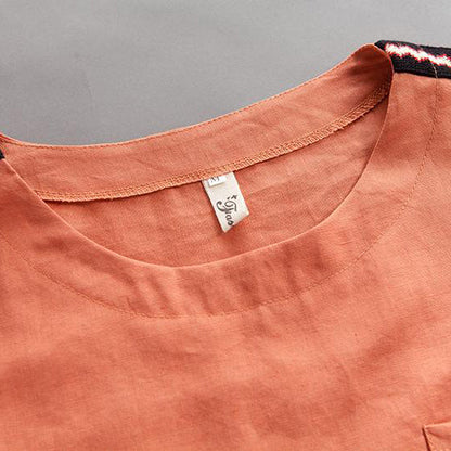 Natural Cotton Linen T Shirt High-low Hem Summer Short Sleeve Orange Blouse