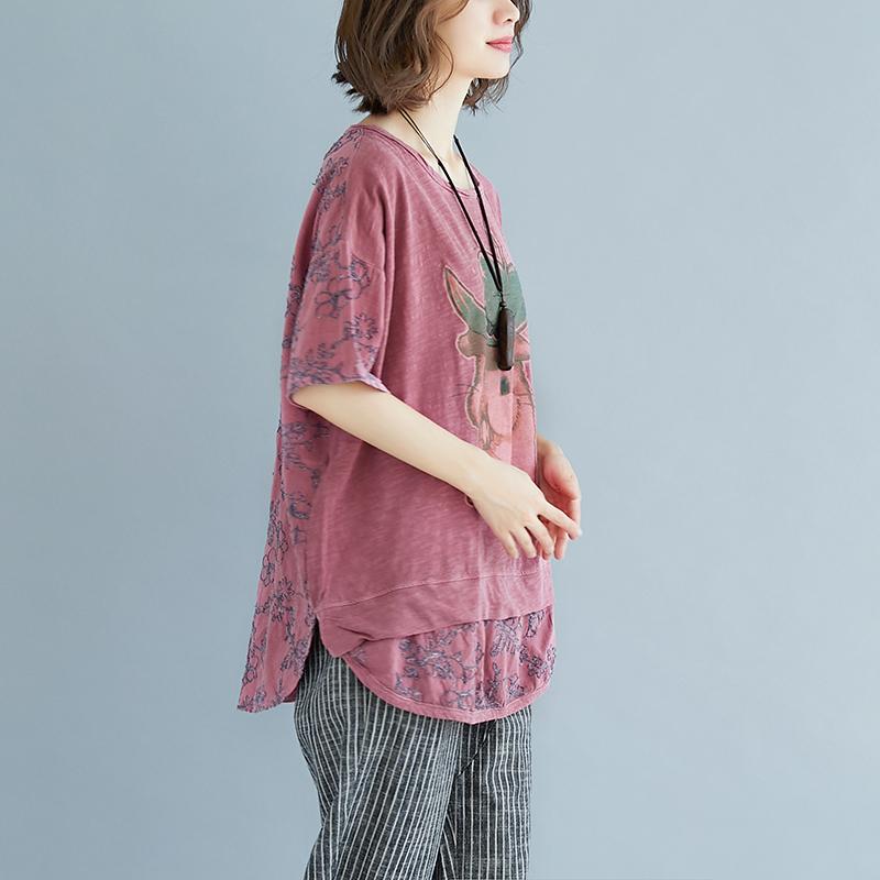 Natural Linen T Shirt Loose Fitting Summer Embroidery Short Sleeve Slit Pink Blouse