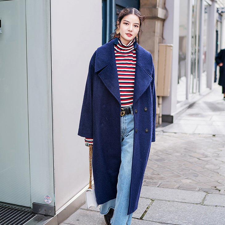 Navy Coats Clothing Notched Maxi Coat Pockets Double Breasted Coat