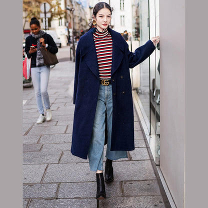 Navy Coats Clothing Notched Maxi Coat Pockets Double Breasted Coat