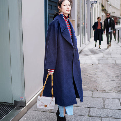 Navy Coats Clothing Notched Maxi Coat Pockets Double Breasted Coat
