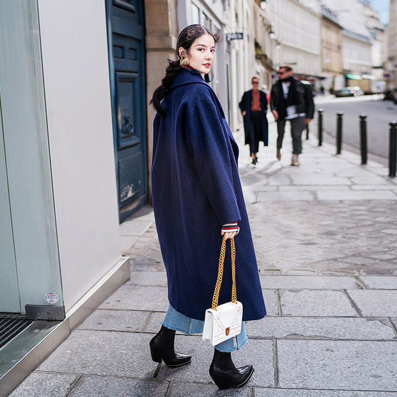 Navy Coats Clothing Notched Maxi Coat Pockets Double Breasted Coat