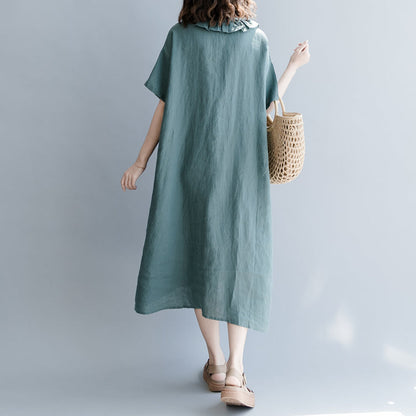 Navy Cotton Linen Dress Dress Fine Short Sleeve Patchwork Peter Pan Collar Pockets Cotton Linen Dresses