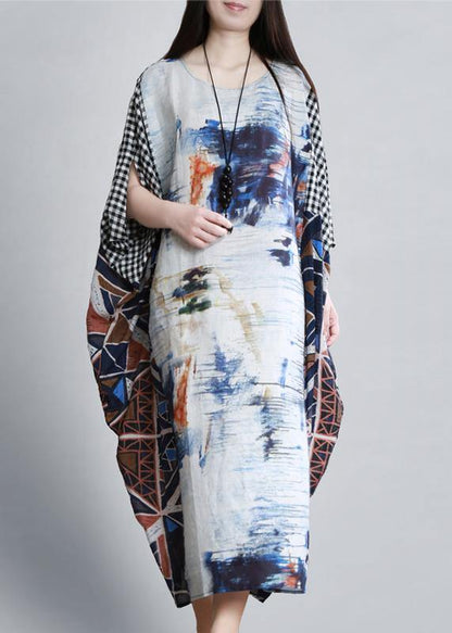 O Neck Batwing Sleeve Long Dress Runway Blue White Print Dress
