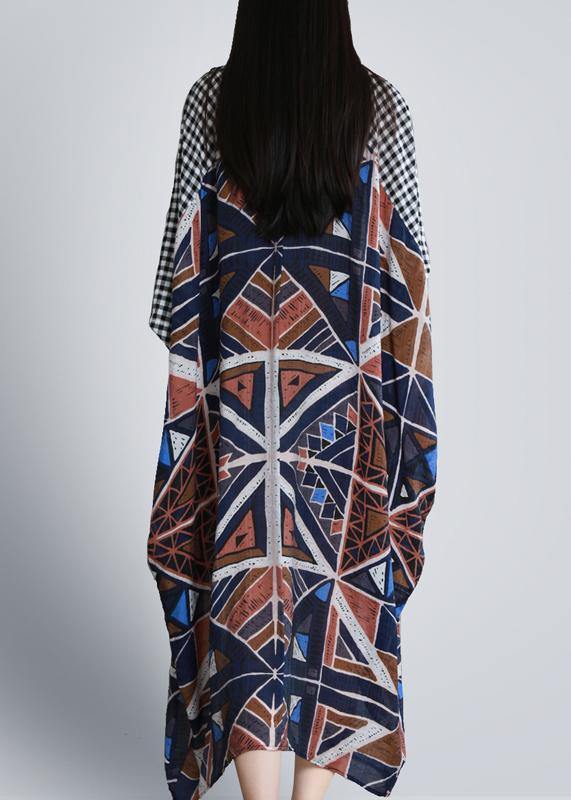 O Neck Batwing Sleeve Long Dress Runway Blue White Print Dress