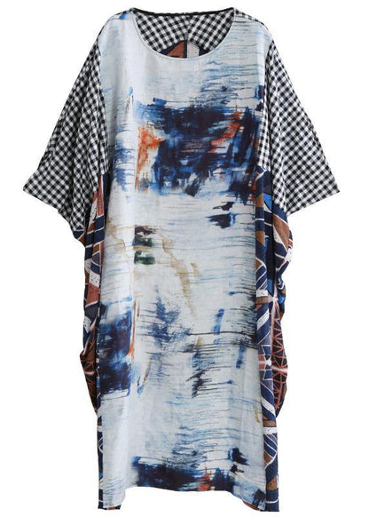 O Neck Batwing Sleeve Long Dress Runway Blue White Print Dress