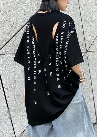 O Neck Back Side Open Cotton Clothes for Tutorials Black Letter Blouse