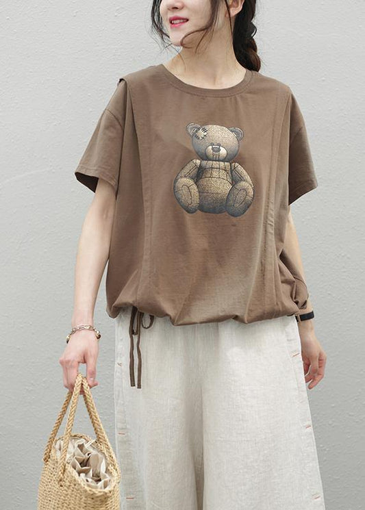 O Neck Drawstring Cotton Top Wardrobes Chocolate Print Shirt