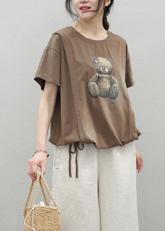O Neck Drawstring Cotton Top Wardrobes Chocolate Print Shirt