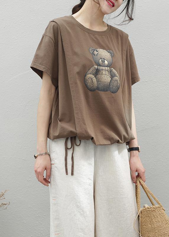O Neck Drawstring Cotton Top Wardrobes Chocolate Print Shirt