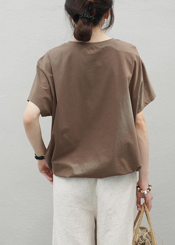 O Neck Drawstring Cotton Top Wardrobes Chocolate Print Shirt