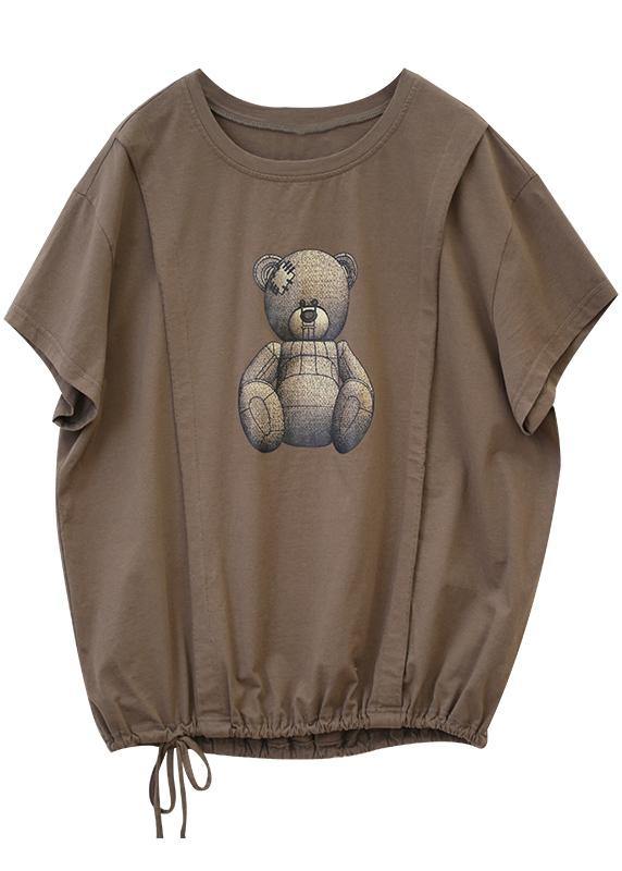 O Neck Drawstring Cotton Top Wardrobes Chocolate Print Shirt