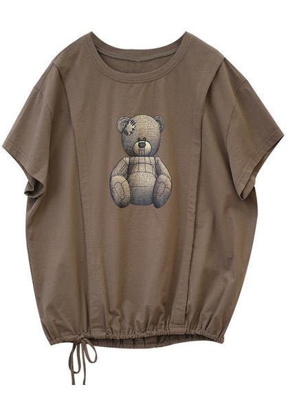O Neck Drawstring Cotton Top Wardrobes Chocolate Print Shirt
