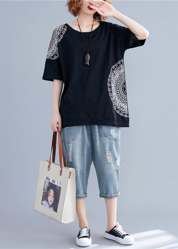 O Neck Half Sleeve Cotton Fabrics Black Print Shirts Summer