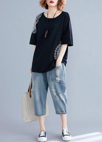 O Neck Half Sleeve Cotton Fabrics Black Print Shirts Summer