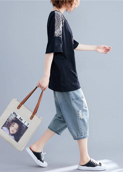 O Neck Half Sleeve Cotton Fabrics Black Print Shirts Summer
