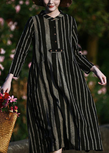 O Neck Linen Spring Clothes for Pattern Black Striped Dresses