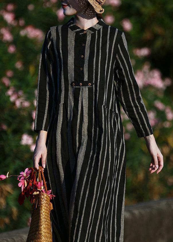 O Neck Linen Spring Clothes for Pattern Black Striped Dresses