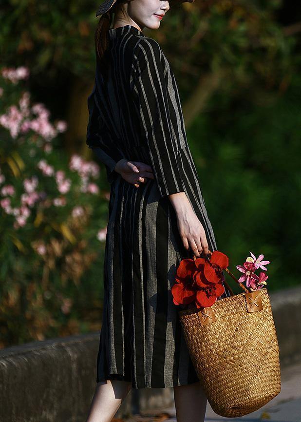 O Neck Linen Spring Clothes for Pattern Black Striped Dresses