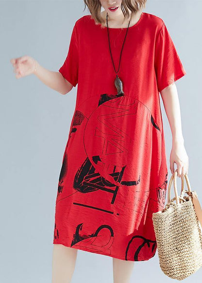 O Neck Patchwork Linen Cotton Clothes Stylish Sewing Red Print Shift Dresses Summer