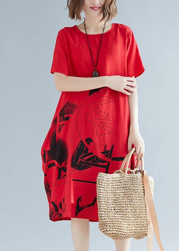 O Neck Patchwork Linen Cotton Clothes Stylish Sewing Red Print Shift Dresses Summer