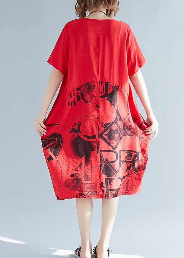 O Neck Patchwork Linen Cotton Clothes Stylish Sewing Red Print Shift Dresses Summer