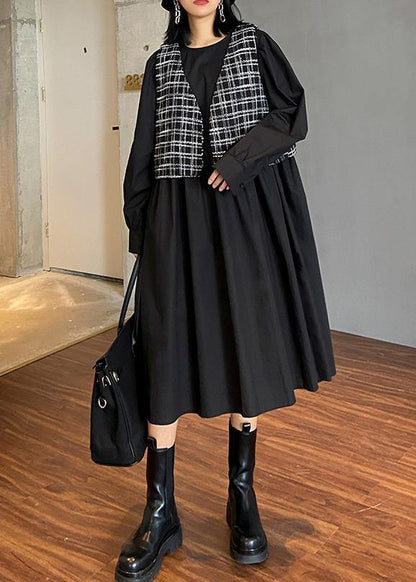 O Neck Patchwork Plaid Clothes Inspiration Black Dress
