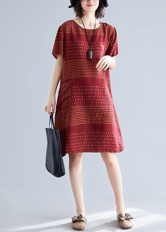 O Neck Pockets Cotton Quilting Dresses Runway Burgundy Dotted Dress
