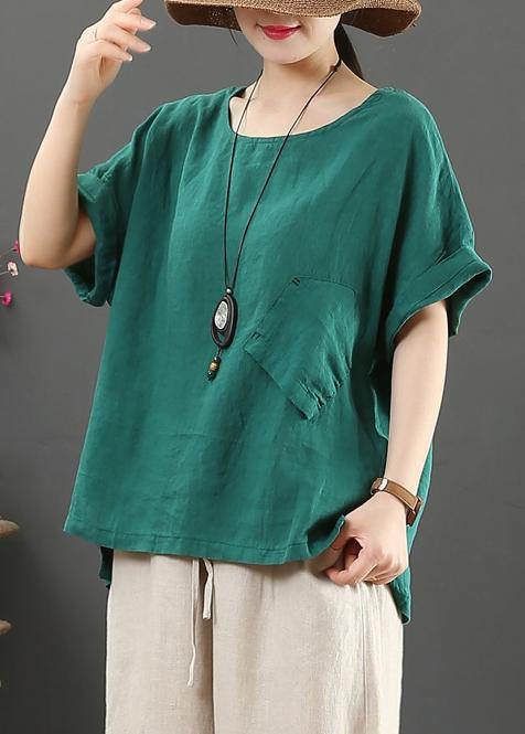 O Neck Pockets Linen Cotton Summer Shirts Green Art Tops