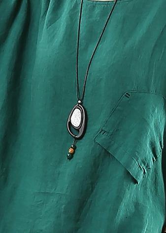 O Neck Pockets Linen Cotton Summer Shirts Green Art Tops