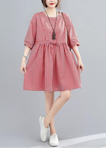 O Neck Pockets Summer Work Outfits Red Striped Dress