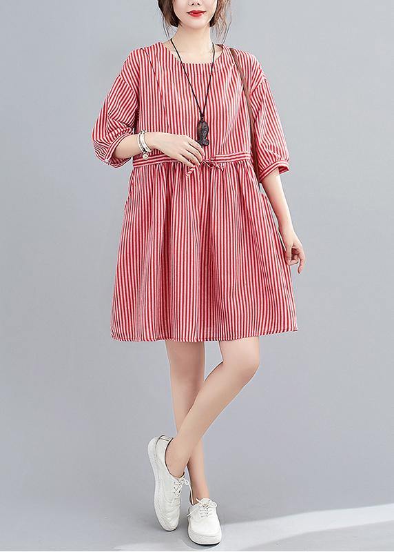 O Neck Pockets Summer Work Outfits Red Striped Dress