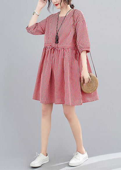 O Neck Pockets Summer Work Outfits Red Striped Dress