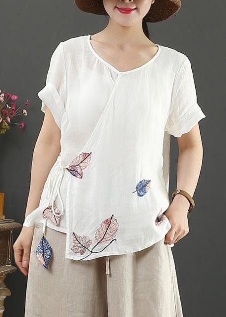 O Neck Short Sleeve Linen Blouses for Tutorials White Print Blouses