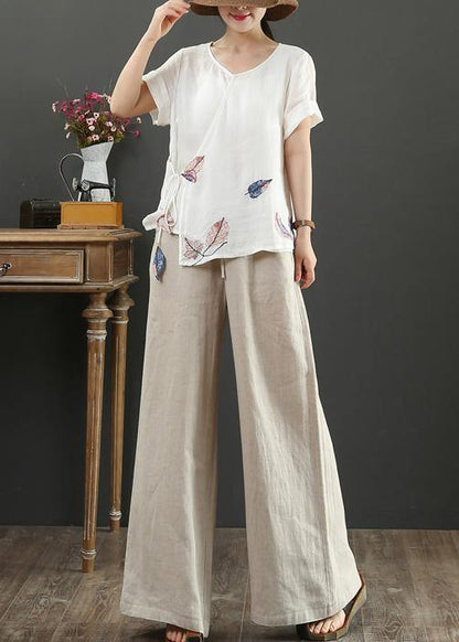 O Neck Short Sleeve Linen Blouses for Tutorials White Print Blouses