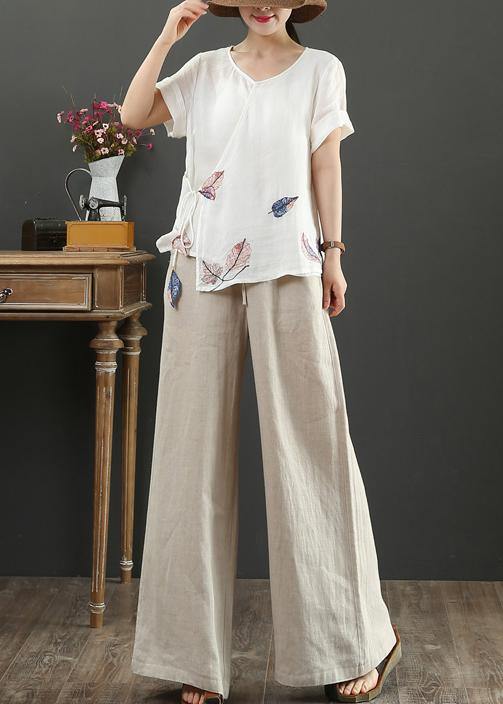 O Neck Short Sleeve Linen Blouses for Tutorials White Print Blouses