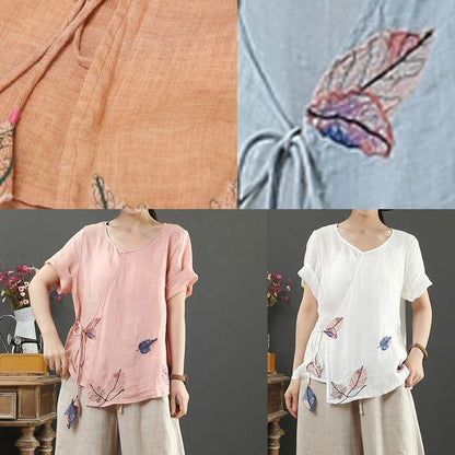 O Neck Short Sleeve Linen Blouses for Tutorials White Print Blouses
