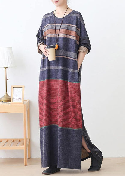 O Neck Side Open Cotton Outfit Inspiration Red Striped Art Dresses