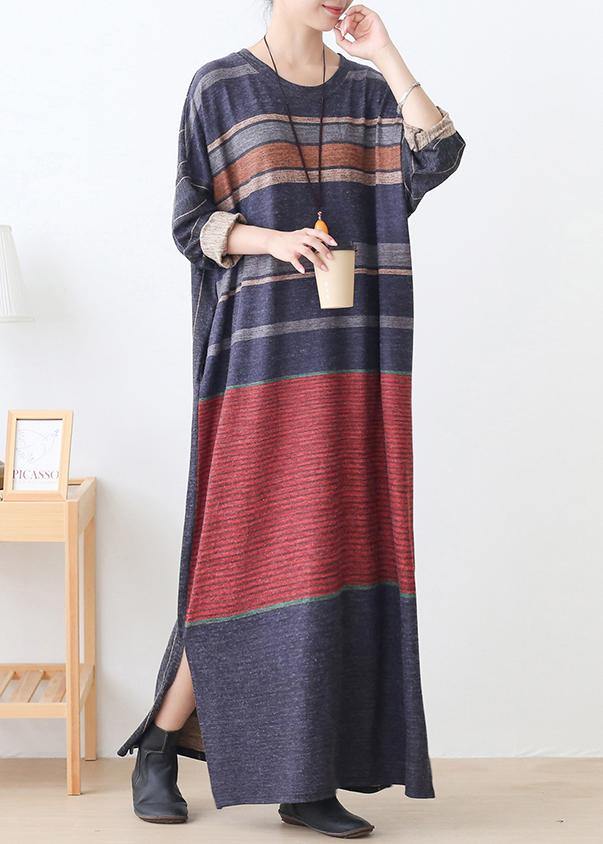O Neck Side Open Cotton Outfit Inspiration Red Striped Art Dresses