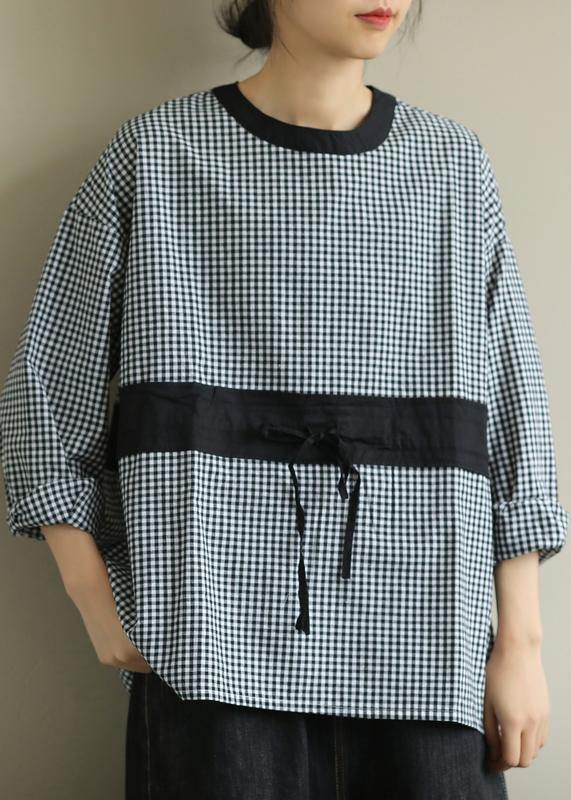 O Neck Tie Waist Fall Blouse Wardrobes Black Plaid Shirt