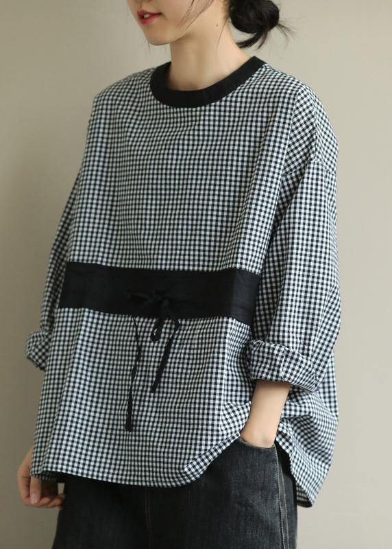 O Neck Tie Waist Fall Blouse Wardrobes Black Plaid Shirt
