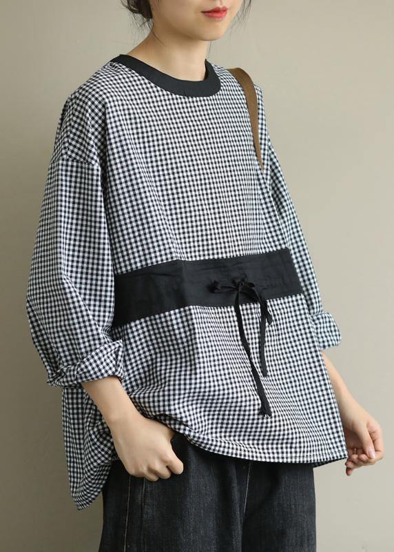 Elegant o neck tie waist fall Blouse Wardrobes black plaid shirt