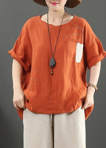 Orange Linen Shirts O Neck Pockets Clothing Summer Top